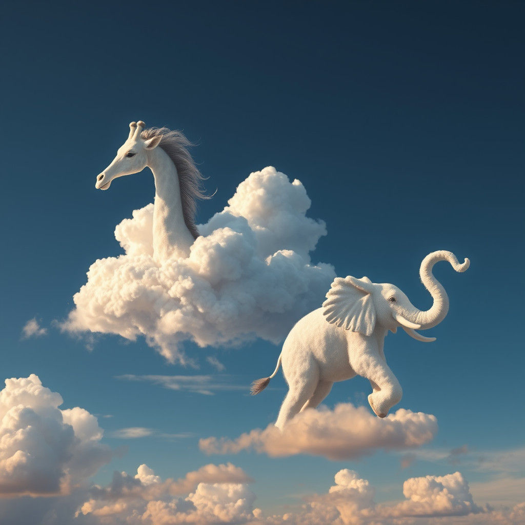 Giraffe and Elephant Clouds Soaring in a Dreamscape