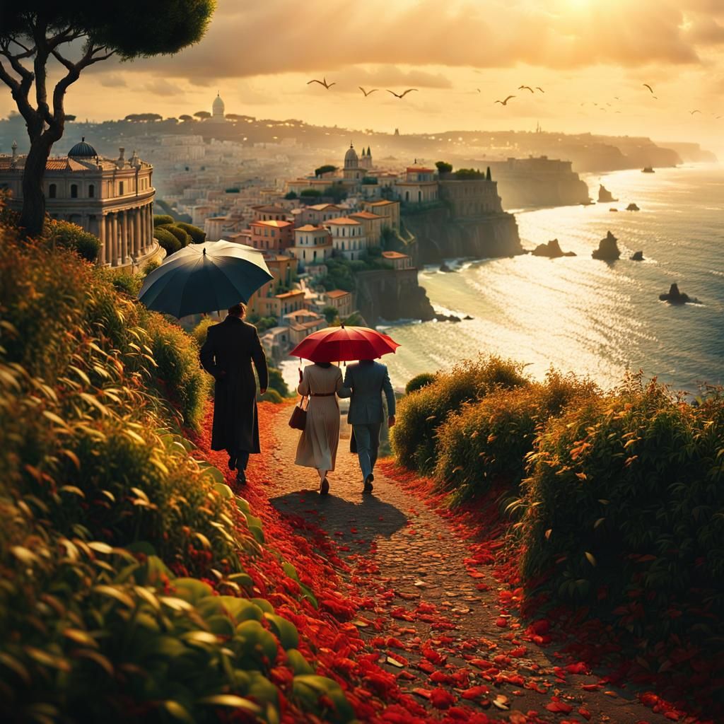Figures Walking Towards Rome in Cinematic Style
