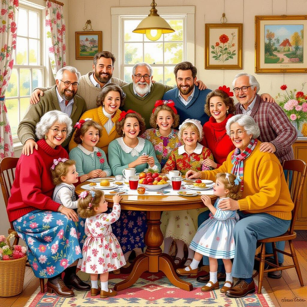 Happy Family Gathering in Folk Art Style
