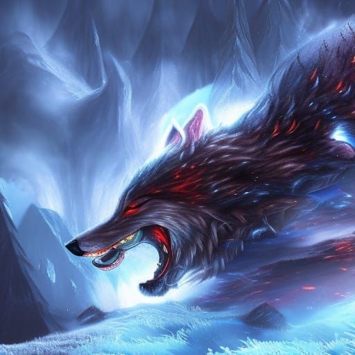 Fire Wolf Versus Ice Wolf in Detailed Matte Painting
