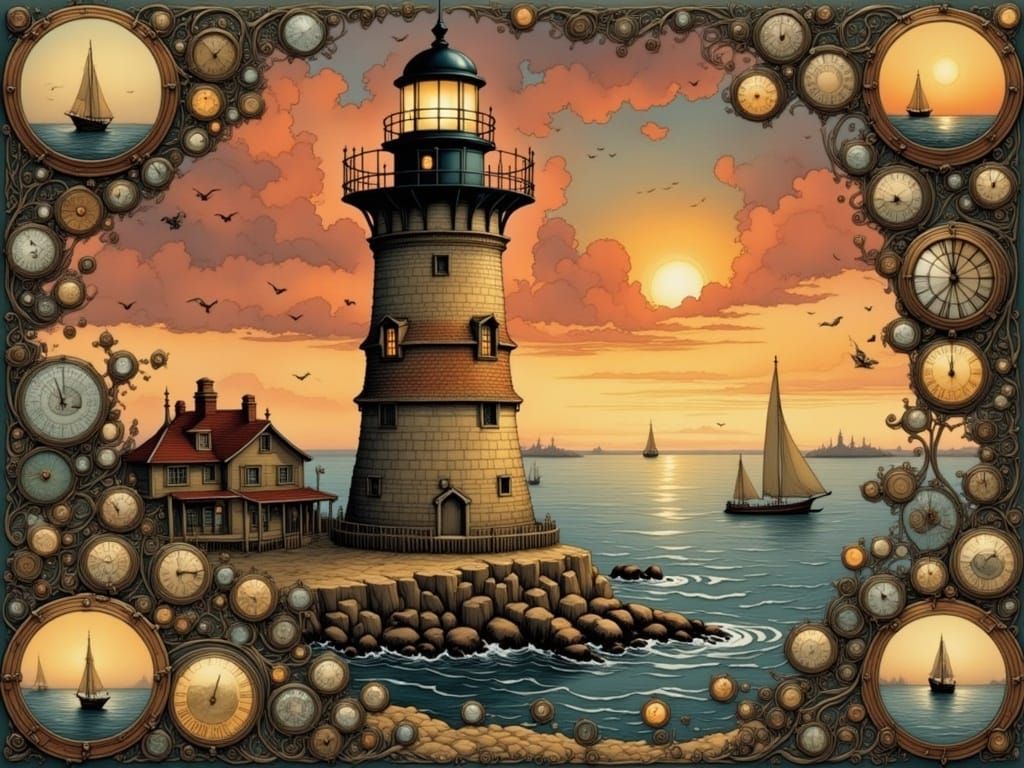 Lighthouse Sunset Collage in Steampunk Style