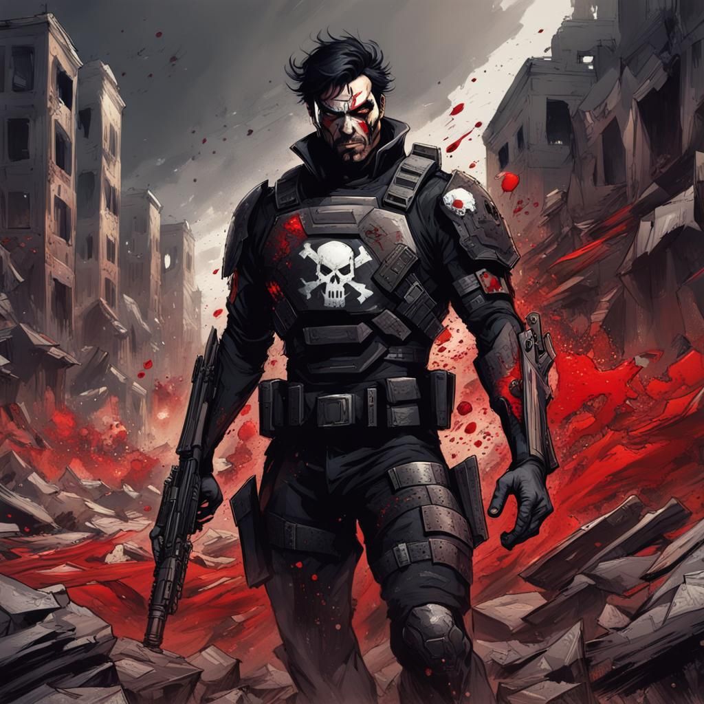 Menacing Superhero in Ruined City During Twilight Thundersto...