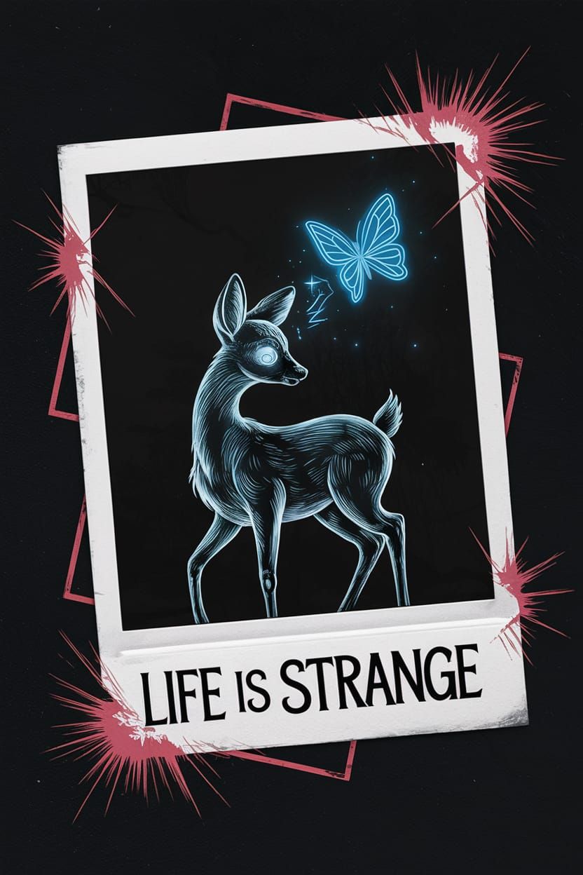 Neon Butterfly and Ghost Deer in Polaroid Frame