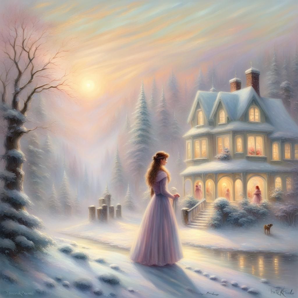 Ethereal Winter Wonderland Scene in Kinkade Style