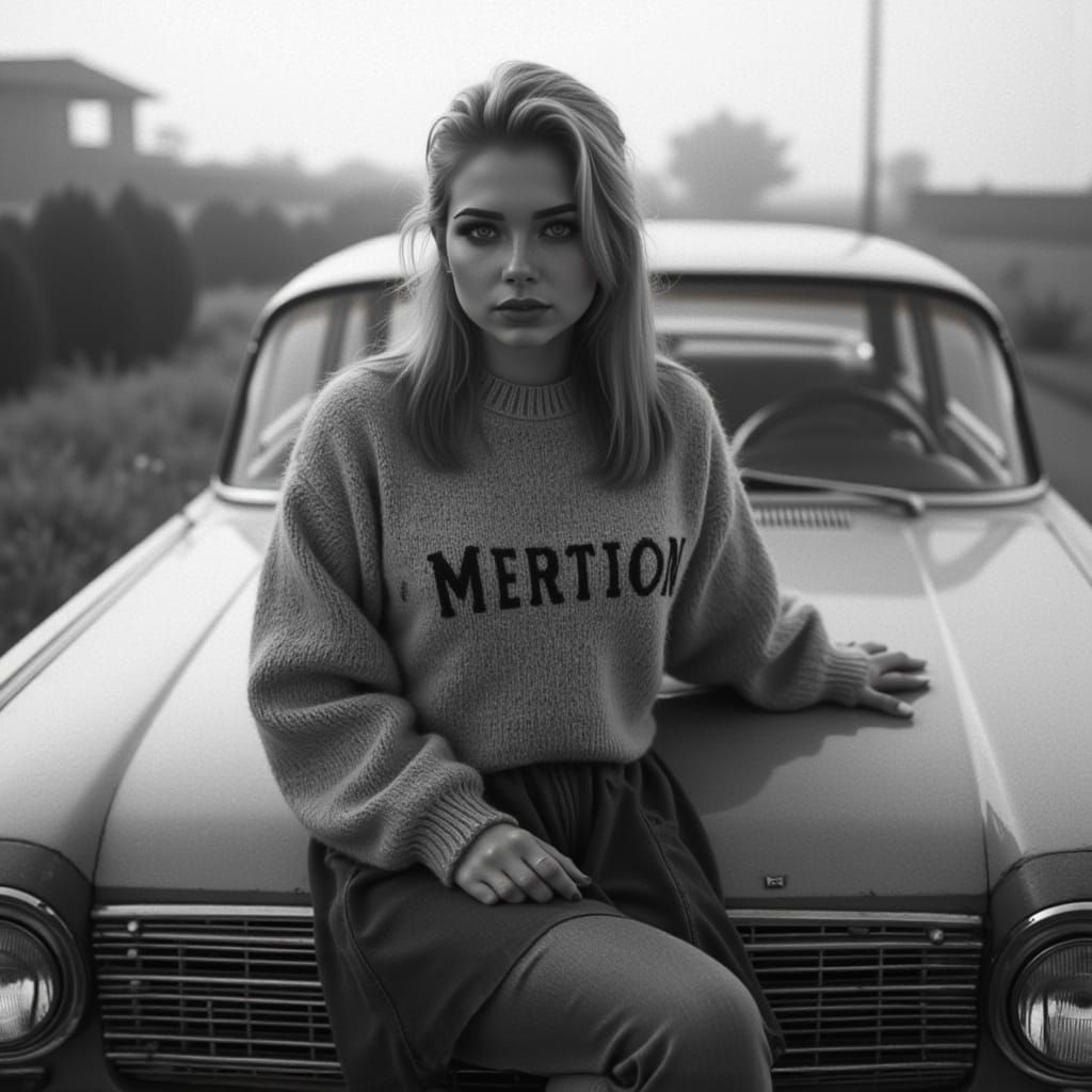 1960s Impala and Elegant Lady Black and White Photo