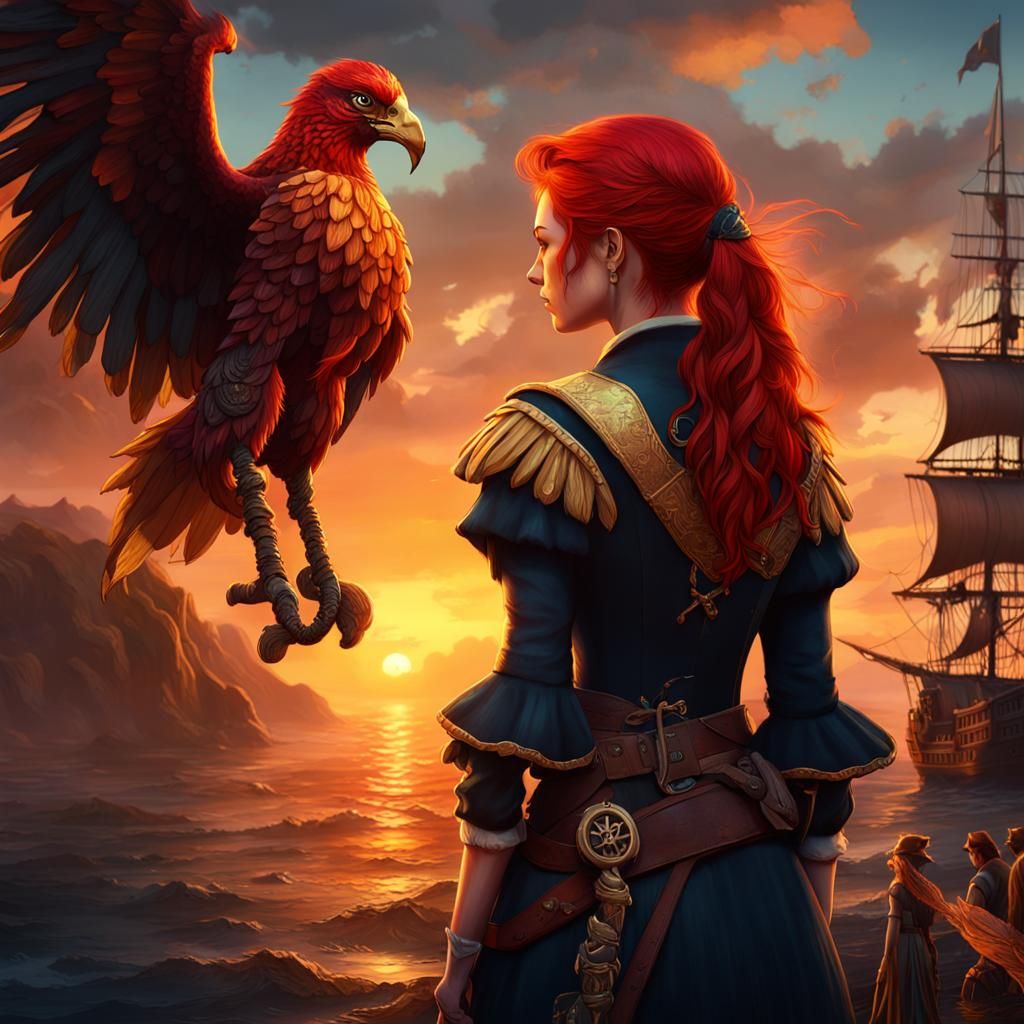 Redhead Pirate Captain with Phoenix, Detailed Matte Painting
