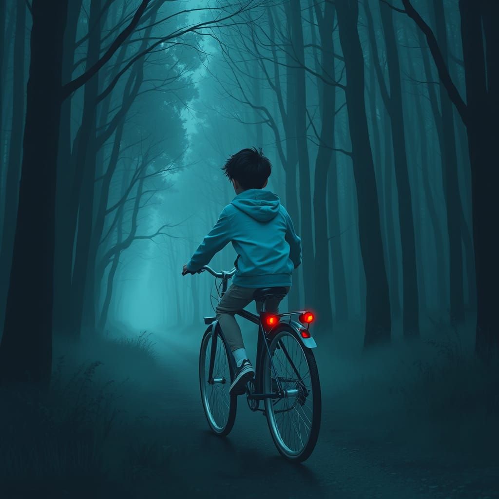 Retrofuturistic Boy Rides Bike Through Misty Forest in Aquat...