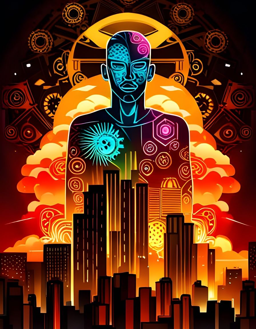 Steampunk Cityscape in Geometric Neon Style