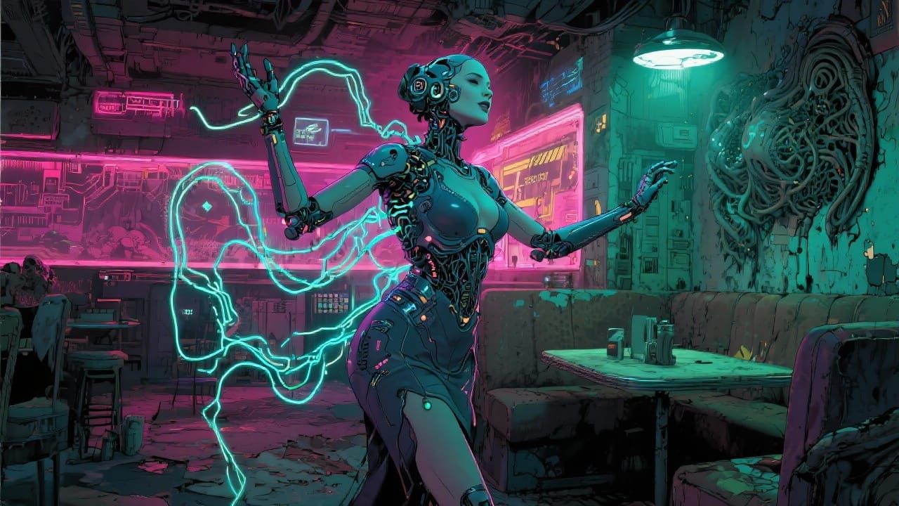 Cybernetic Woman Dancing in Neon Cafe