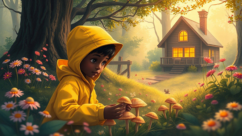 Boy and Spirit Seek Mushrooms in Forest