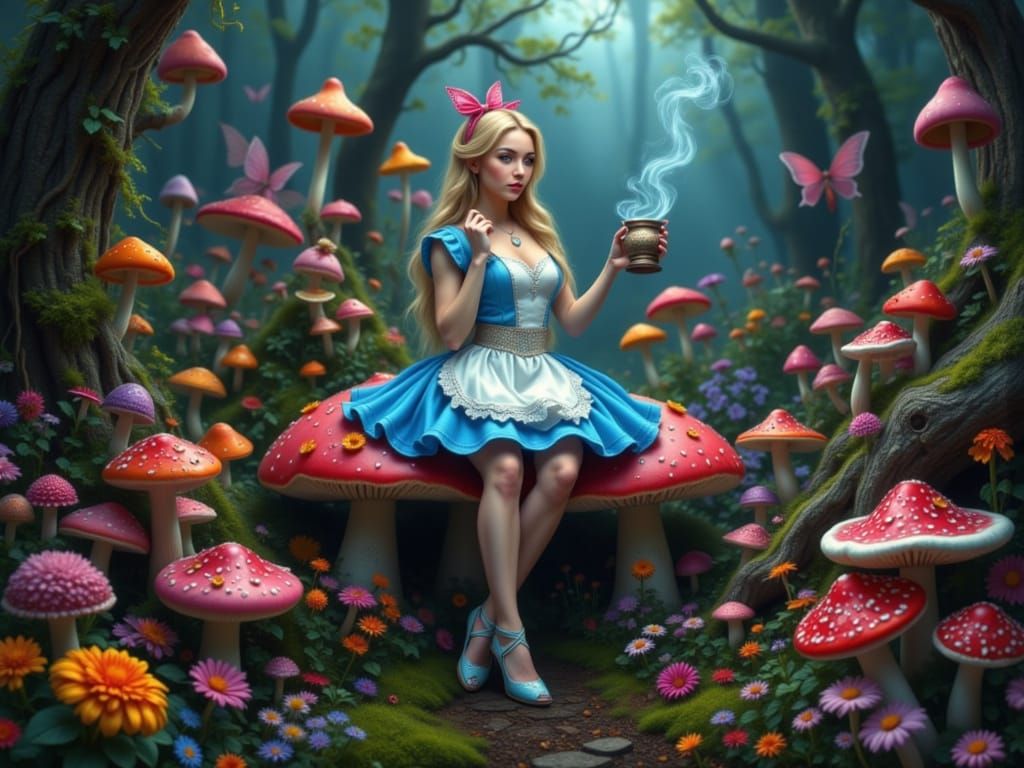 Psychedelic Alice in Wonderland on Mushroom