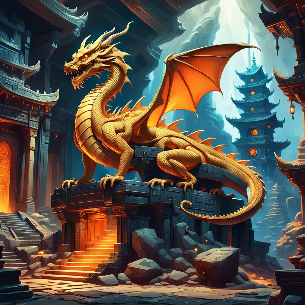 Whimsical Cartoon Dragon in a Mysterious Temple