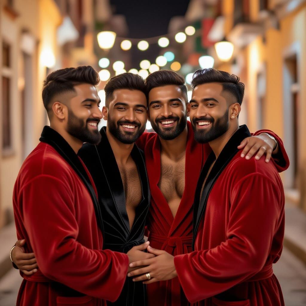 Joyful Embrace: Four Men in Velvet Bathrobes