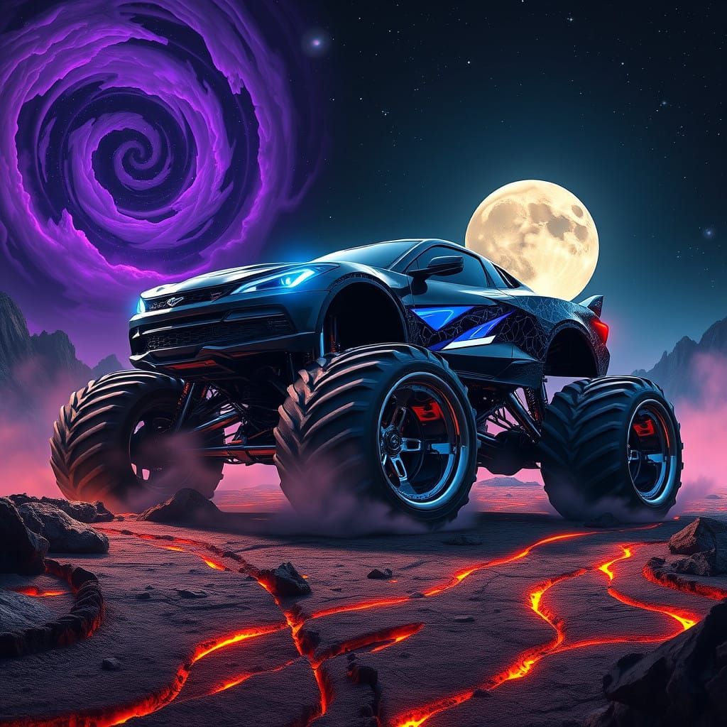 Cyberpunk Corvette Monster Truck Under Starry Night Sky