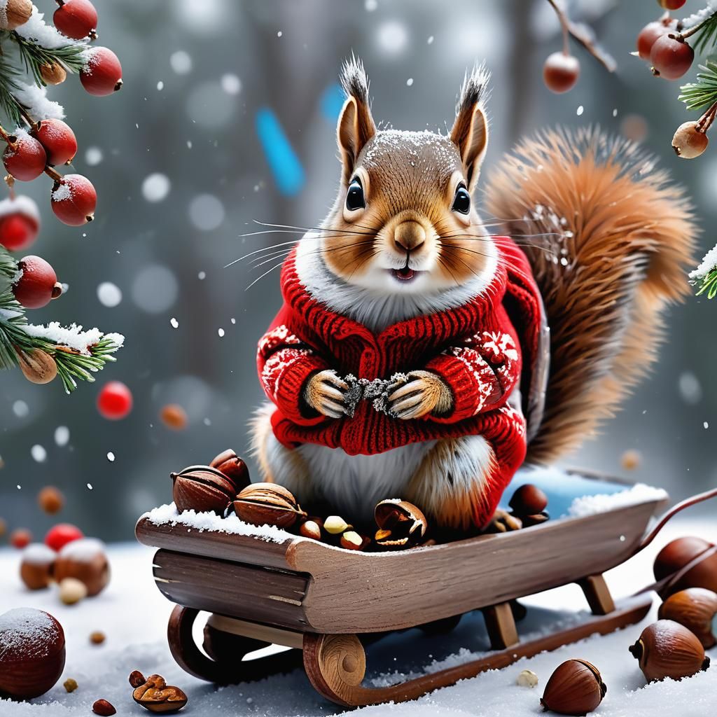 Whimsical Squirrel Winter Scene in Hyper Realistic Style