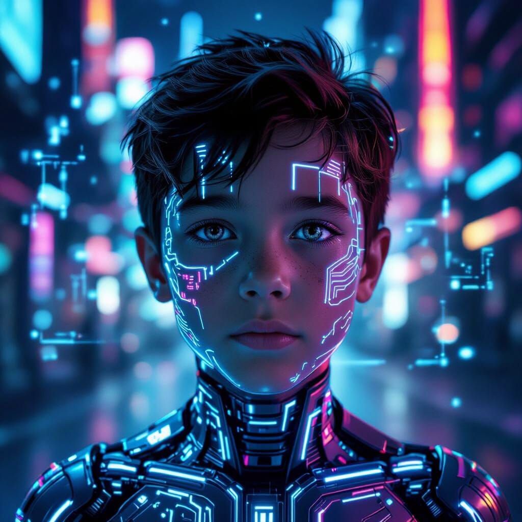 Cyberpunk Boy with Metallic Skin and Neon Lights