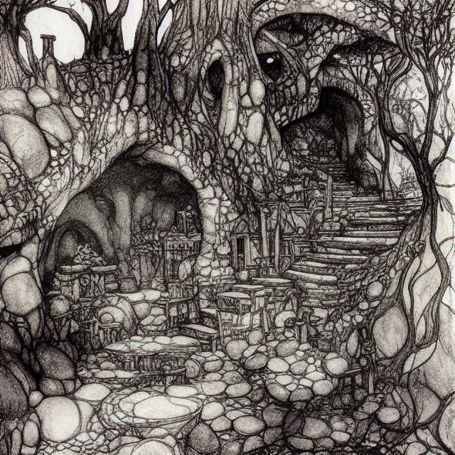 Elven Headquarters in Mountain Cave with Lush Garden