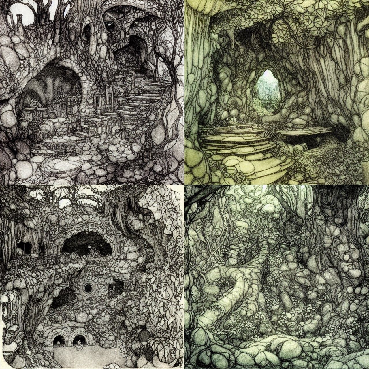 Elven Headquarters in Mountain Cave, Arthur Rackham Style