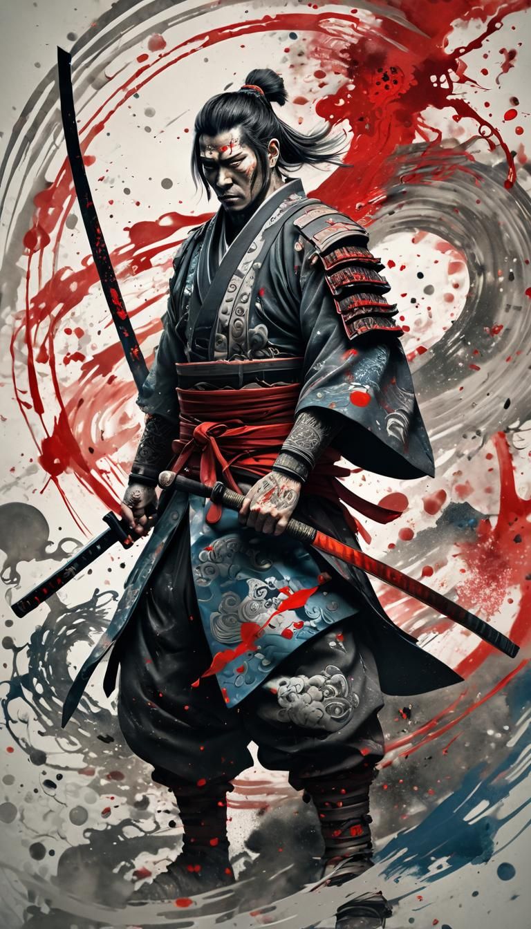 Samurai Warrior with Ink Splash, Artstation Style