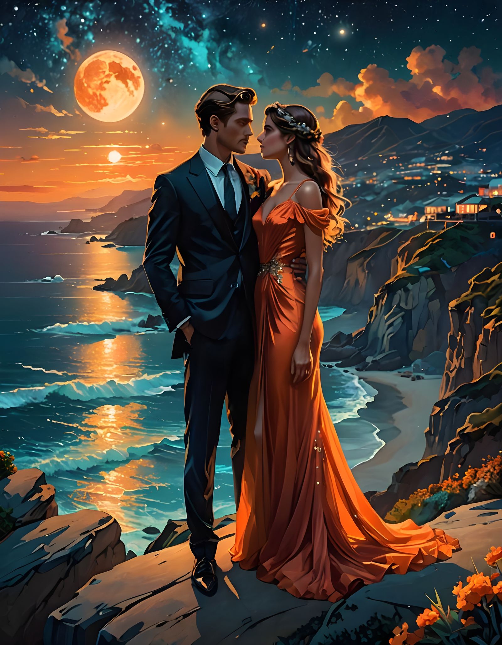 Elegant Couple Gazing at Starry Ocean, Splash Art