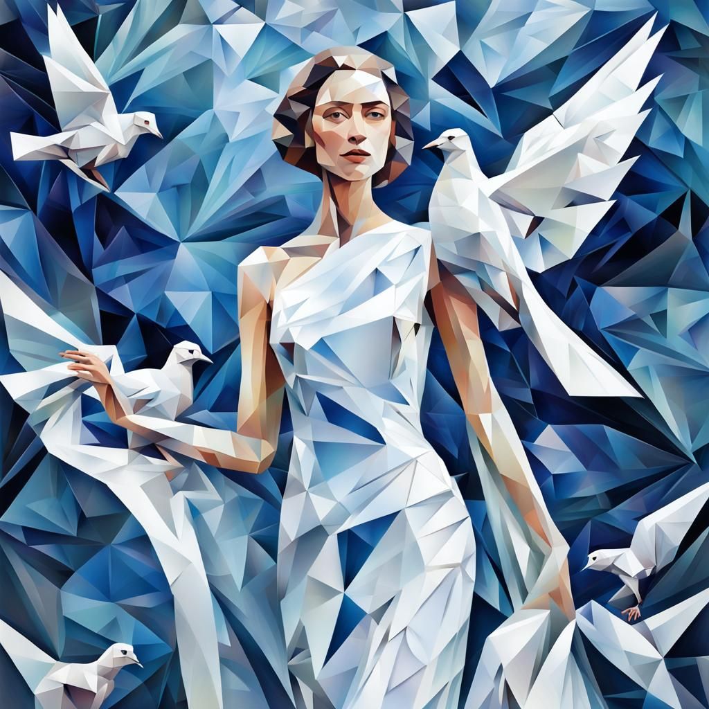 Abstract Cubist Woman with Dove in Polygonal Forest
