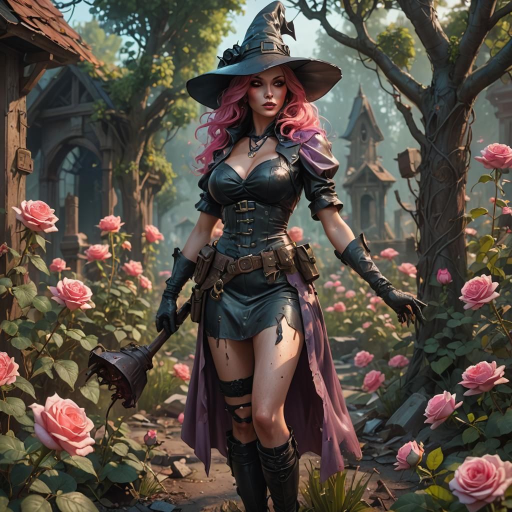Post-Apocalyptic Pinup Witch in Ruined Garden