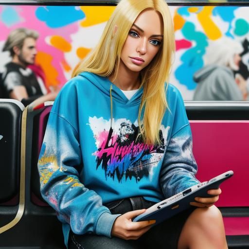 Beautiful blonde woman on a subway.
