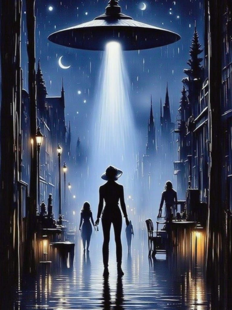 Retro Spaceship Abducts Bigfoot in Misty Forest