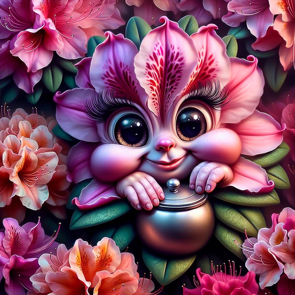 Hyperrealistic Azalea Flowers Form Whimsical Gnome Scene