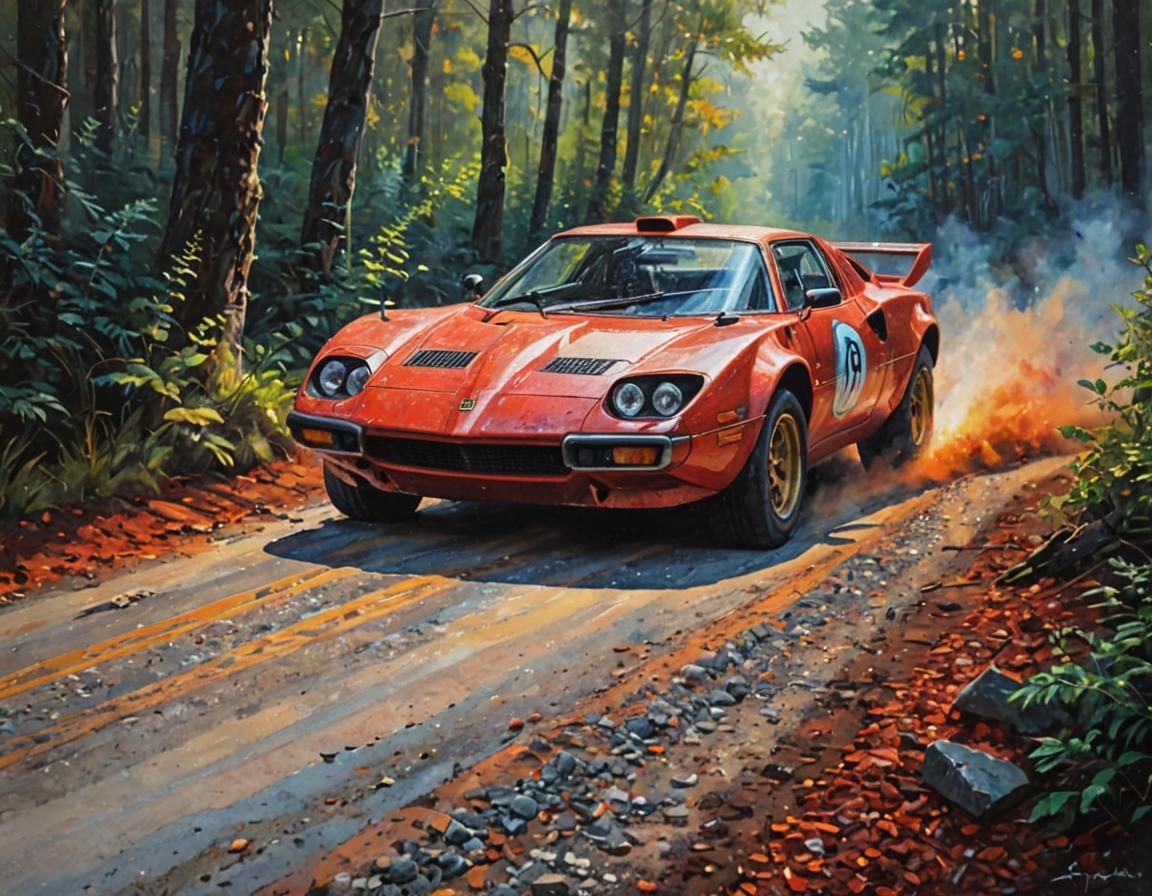 Fiery Lancia Stratos Drifting: Acrylic Impasto Painting