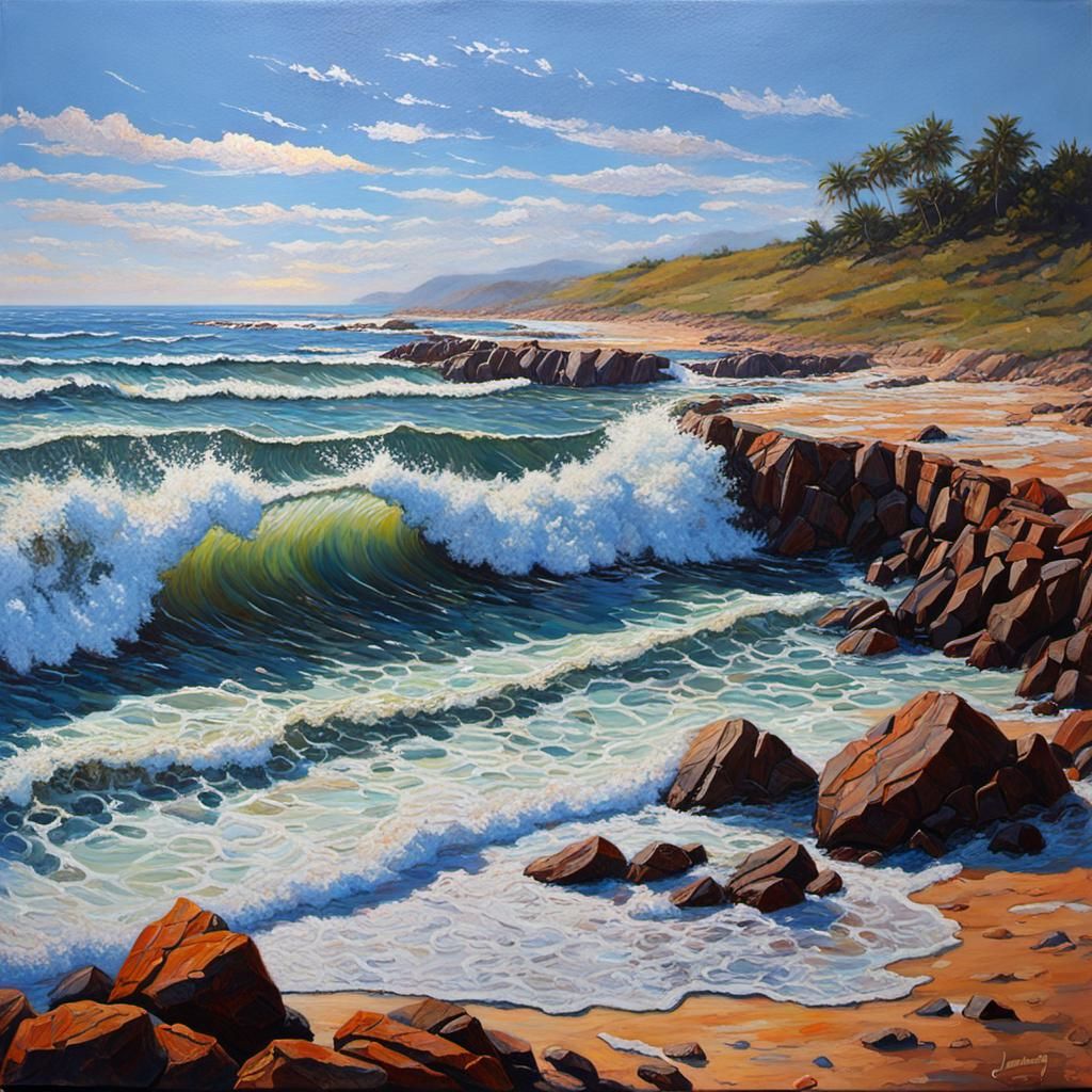 Sunset beach, crashing waves, rocky terrain, shadows, hyper ...