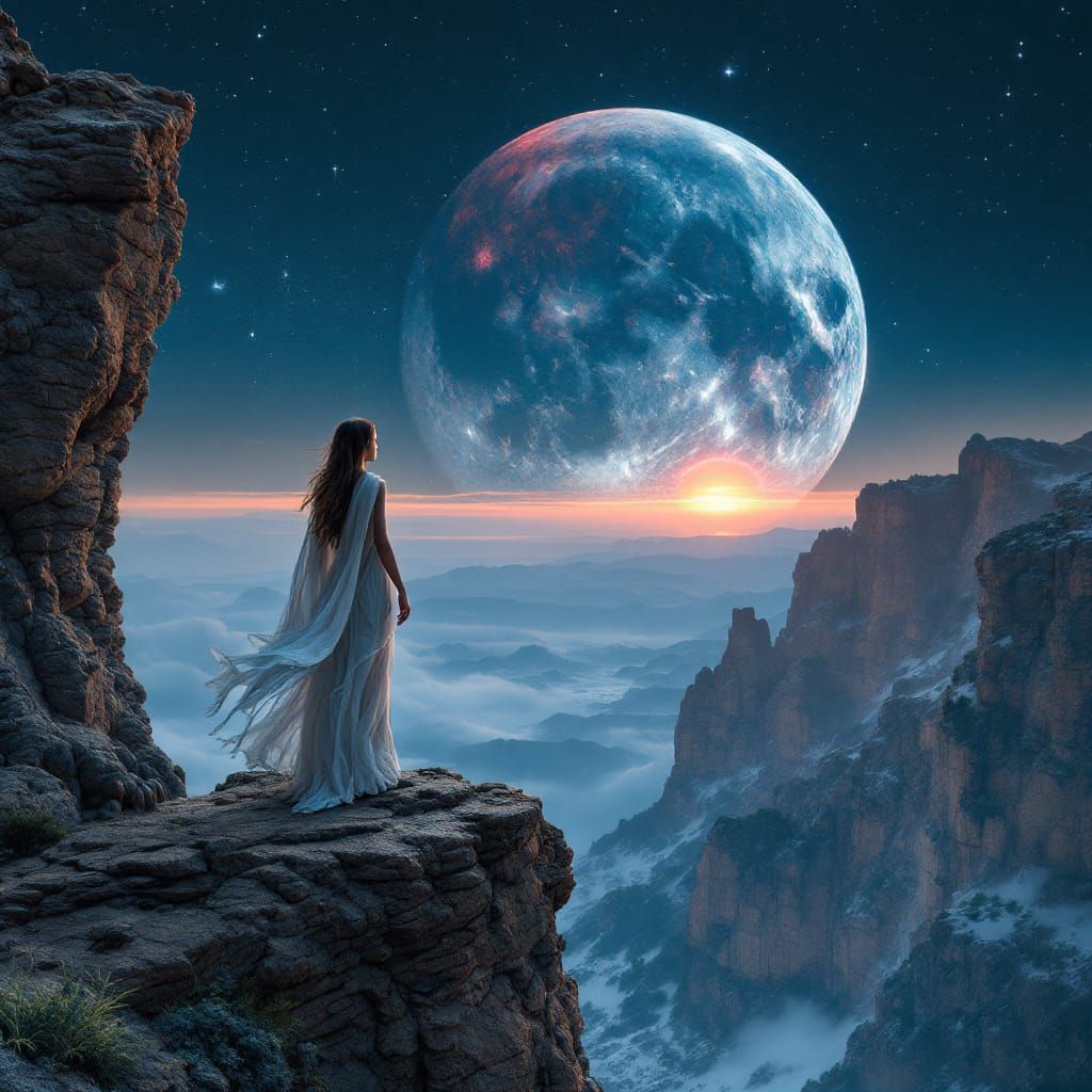 Woman and Dinosaur at World's Edge Under Red Moon