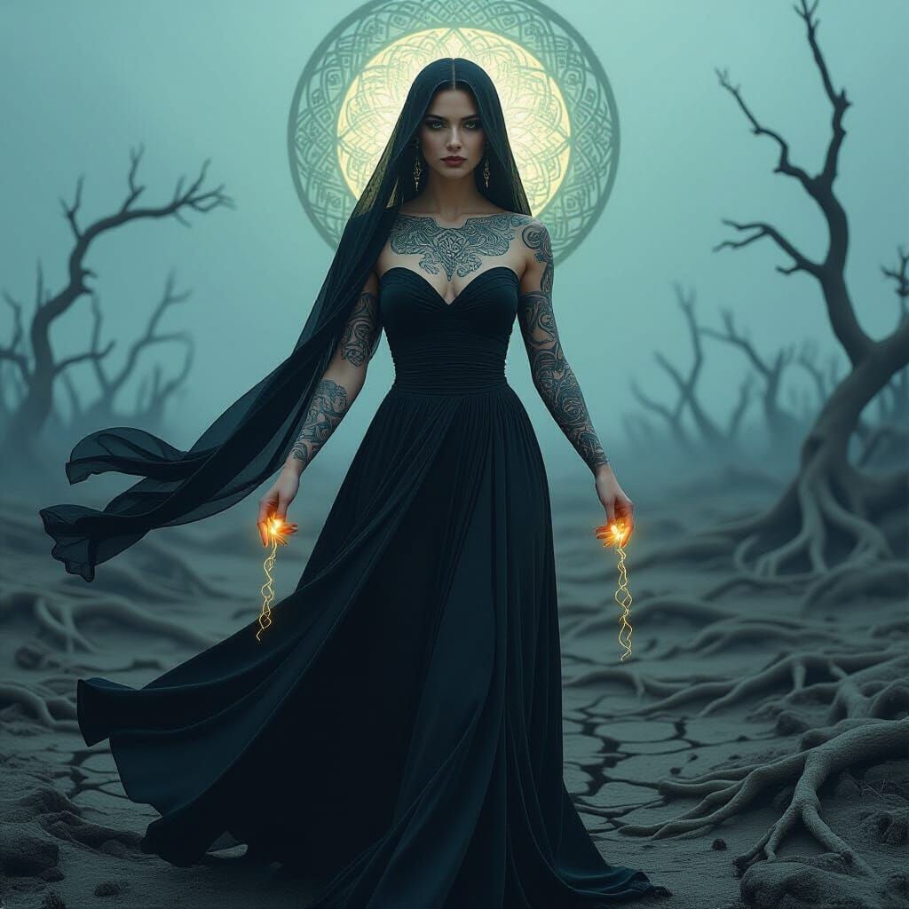 Celtic Tattooed Woman in Wasteland, Art Nouveau Style