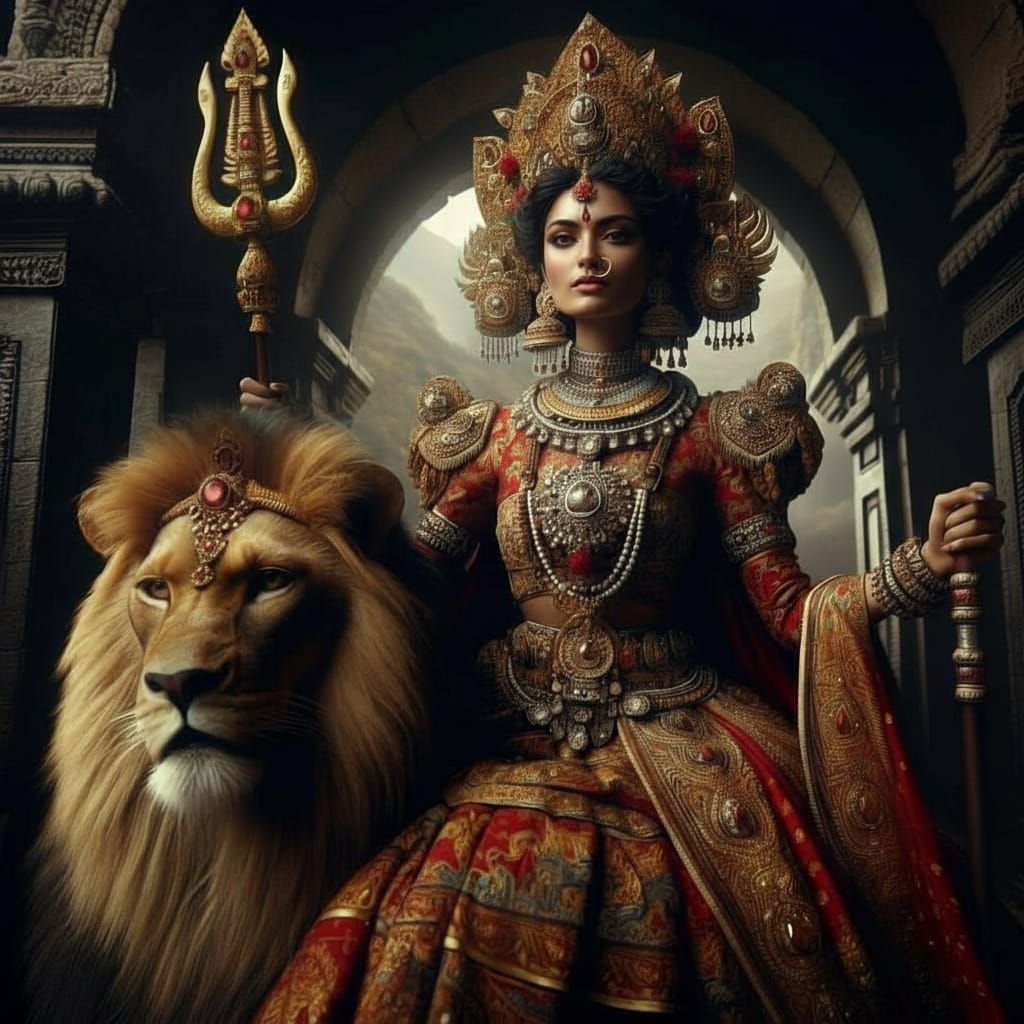 Pathibhara Mother Goddess on Lion in Mountain Temple