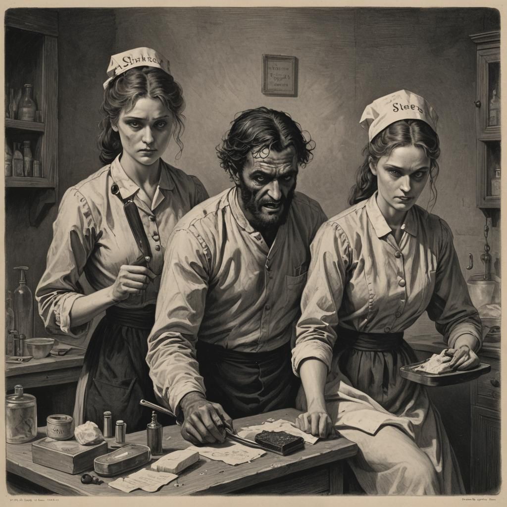 Male nurse, female nurse uniform,  cut throat razor and shav...