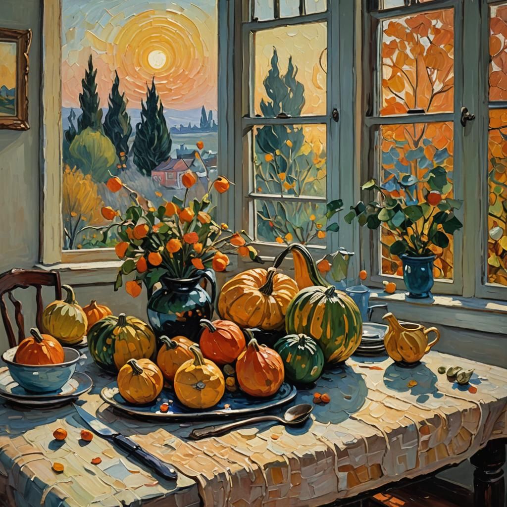 Gourds at Sunset: Neo-Impressionist Expressionist Oil Painti...