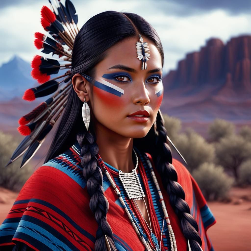 Stunning Navajo Woman with Bow, Hyperrealistic Digital Art