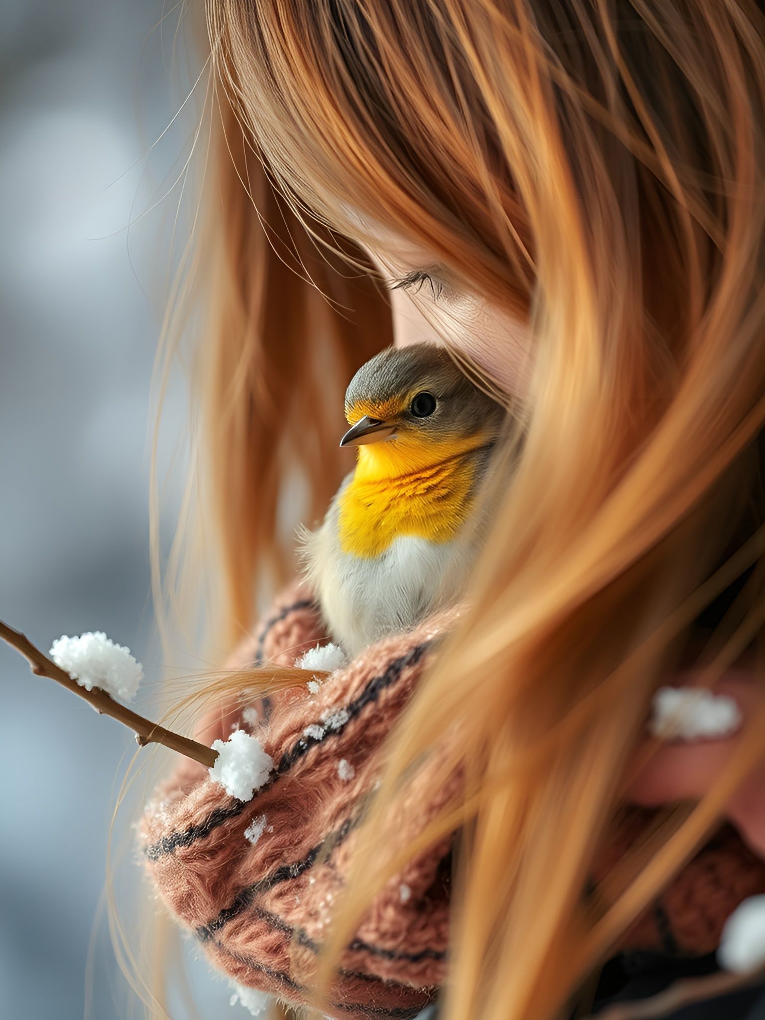 Bird Shelters in Woman's Hair as Winter Approaches