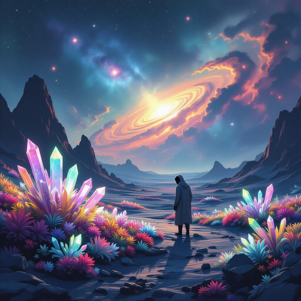 Alien Garden on Desolate Moonscape in Retro Sci-Fi Style