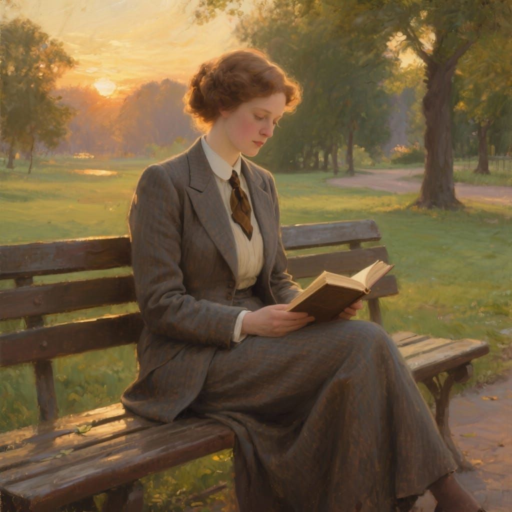 1910s Woman in Suit Reads Book on Park Bench