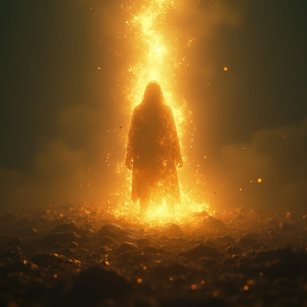 Celestial Being Emerges from Earth in Golden Light