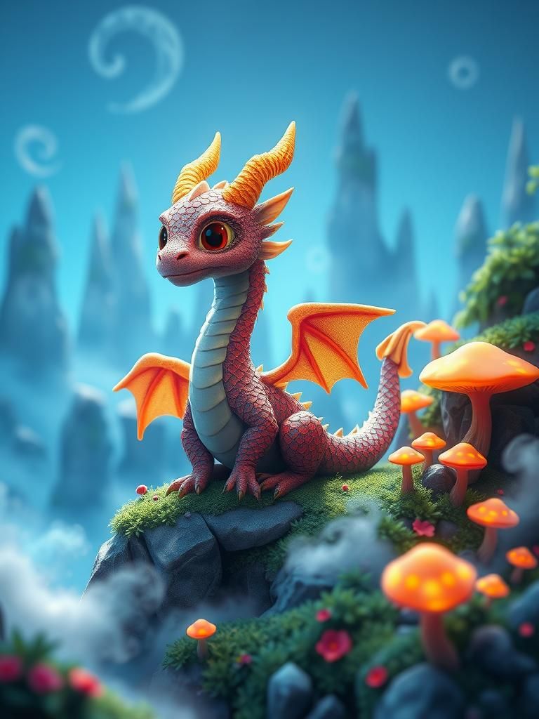 Iridescent Chibi Dragon in Fantasy Landscape, Matte Painting