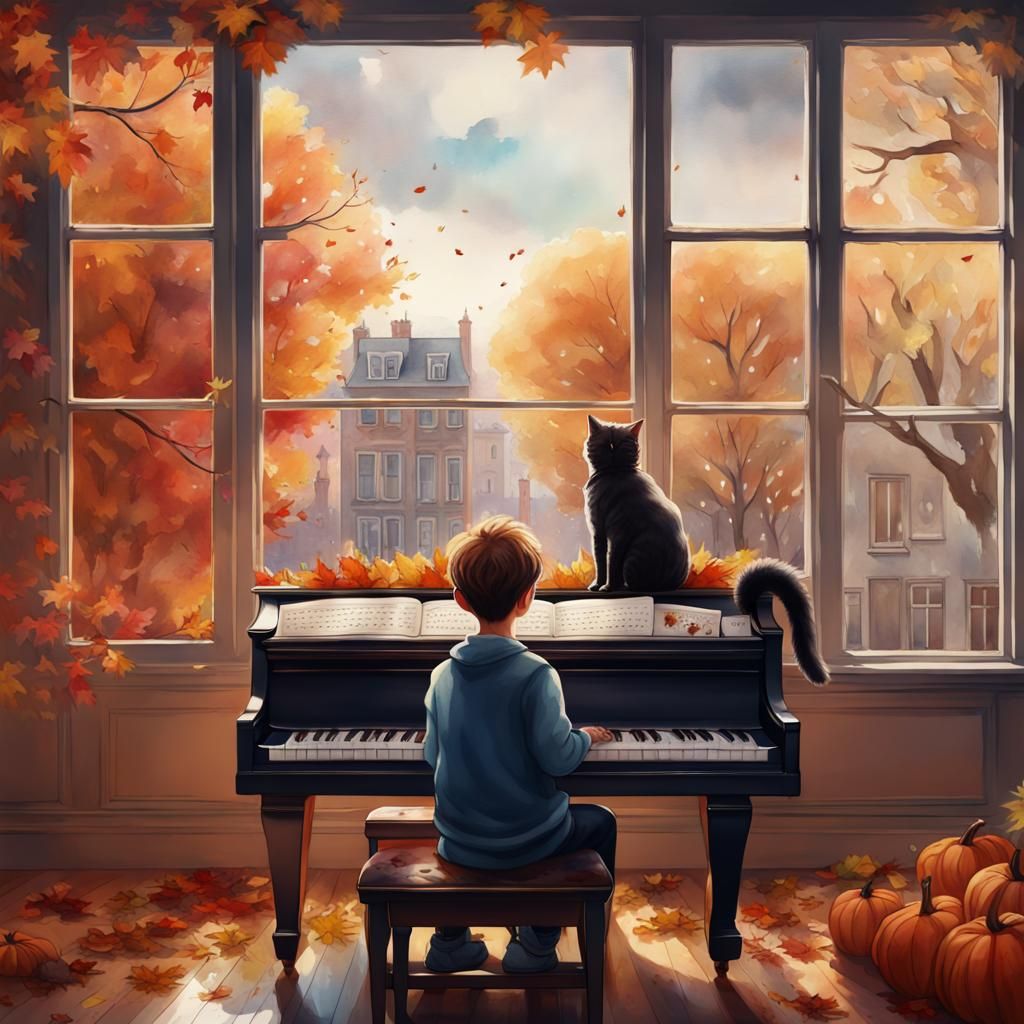 Boy and Cat at Piano in Autumn Watercolor