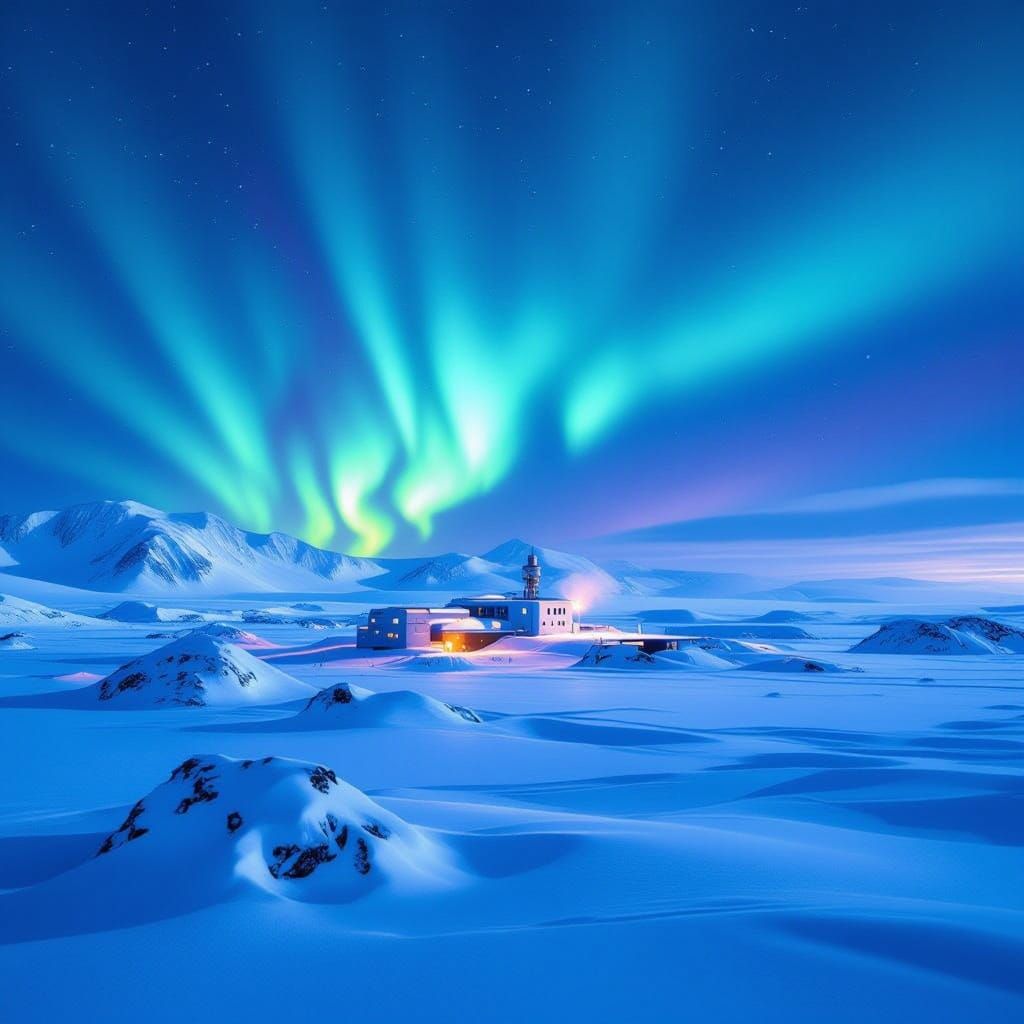 Antarctic Station Under Aurora: Dramatic Landscape Photograp...