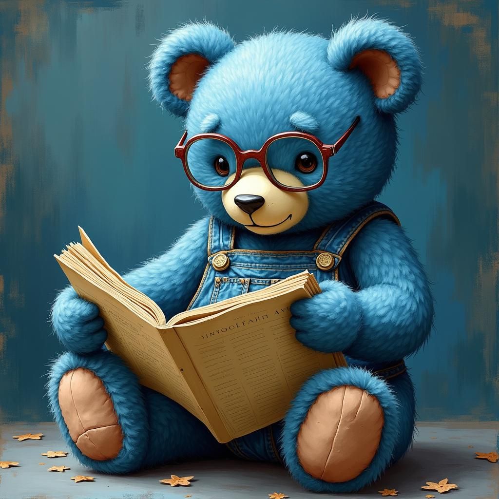 Blue Teddy Bear Reads Newspaper in Watercolor Style