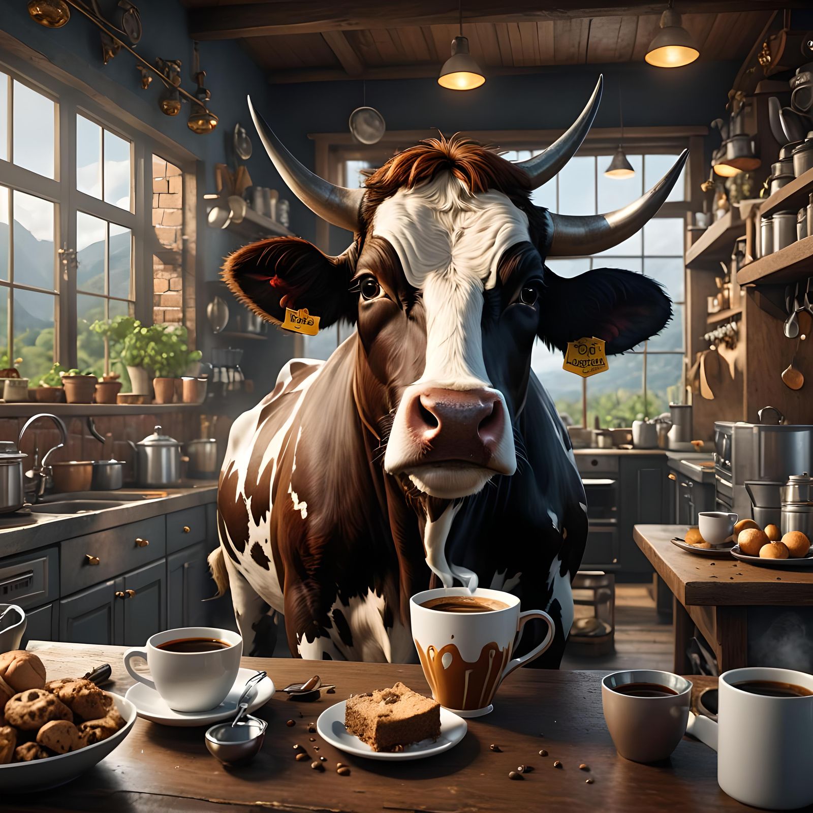 A crazy cow drinking coffee. Kitchen in the background.