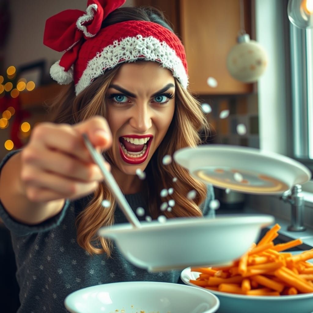 Angry Christmas Goddess Throws Dishes in Hyperrealistic Port...