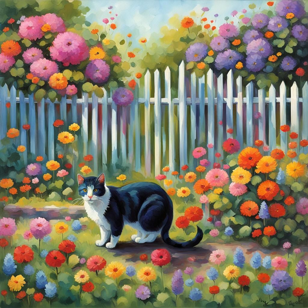 Man Relaxing with Cats in Colorful Flower Garden