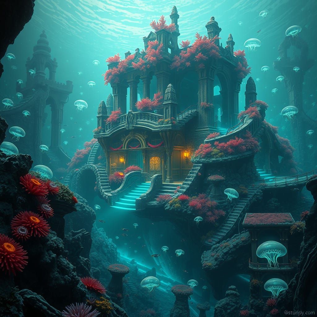 Submerged Atlantean Metropolis in Luminous Decay