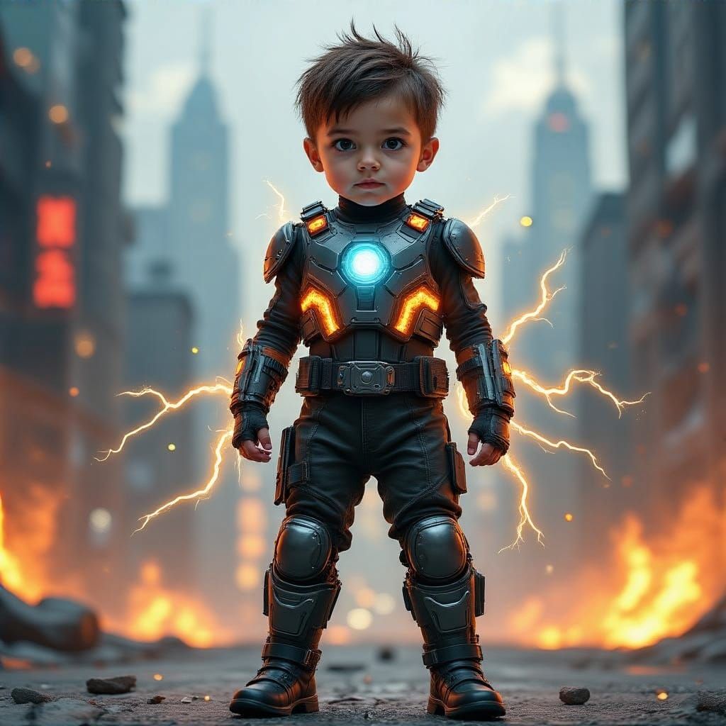 Cute Superhero Boy in Futuristic Battle Gear with Epic Citys...